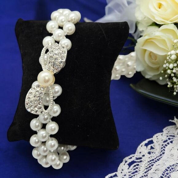 Rhinestone Bow Knot Ivory Pearl Wide Elastic Belt Statement Cute On-trend Nice - Picture 7 of 7